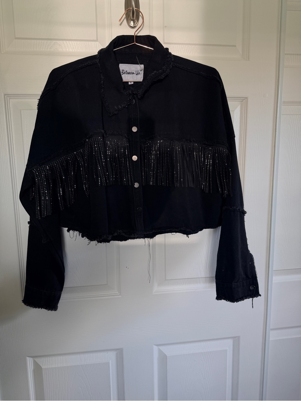 Between Us Black Cropped Fringe Jean Jacket
